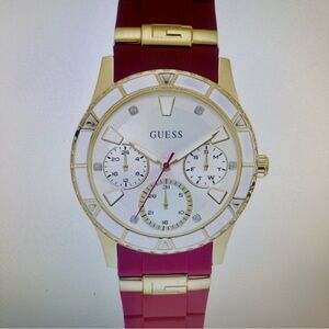 Guess Women's gold tone & iconic red stain resistant silicone watch new